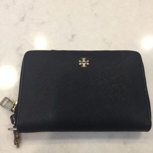 Tory Burch black leather wallet/ wristlet.